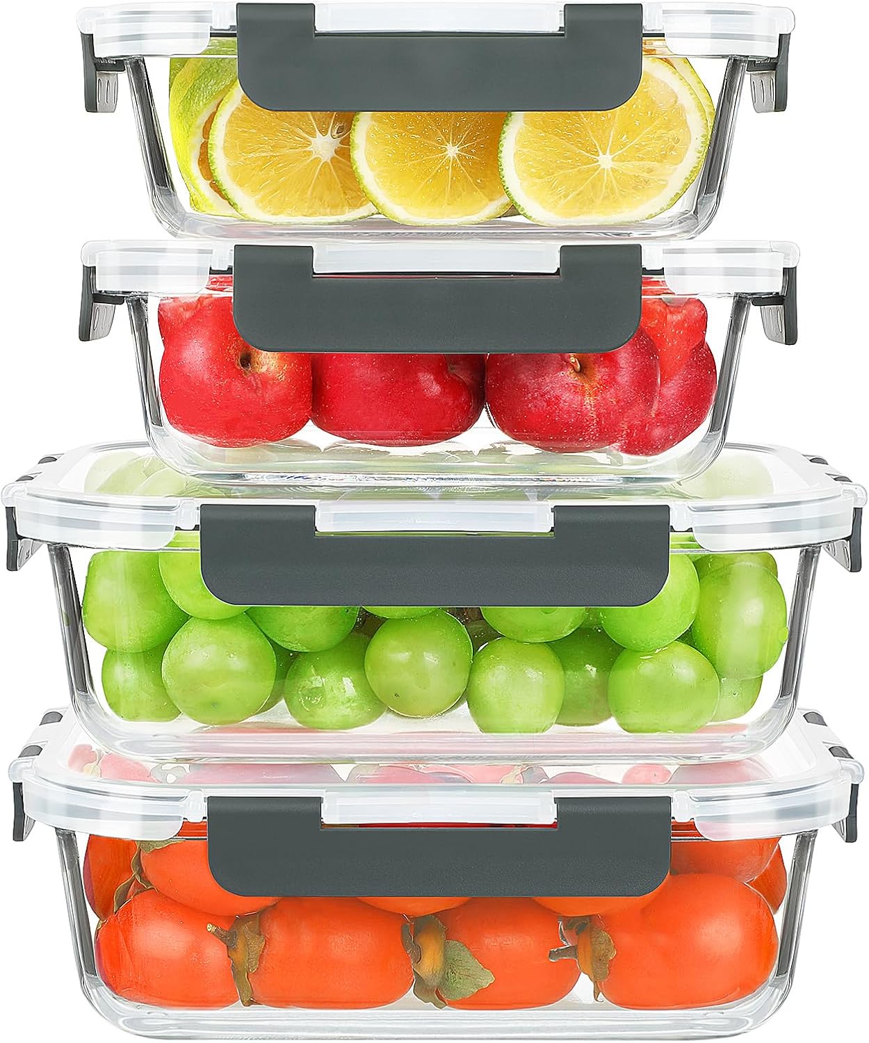 KOMUEE Glass Food Storage Containers Set - 4 Pack of 52oz & 22oz | Airtight, BPA-Free, Leak Proof