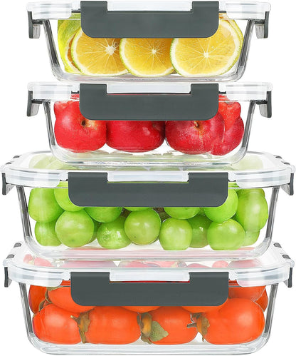 KOMUEE Glass Food Storage Containers Set - 4 Pack of 52oz & 22oz | Airtight, BPA-Free, Leak Proof