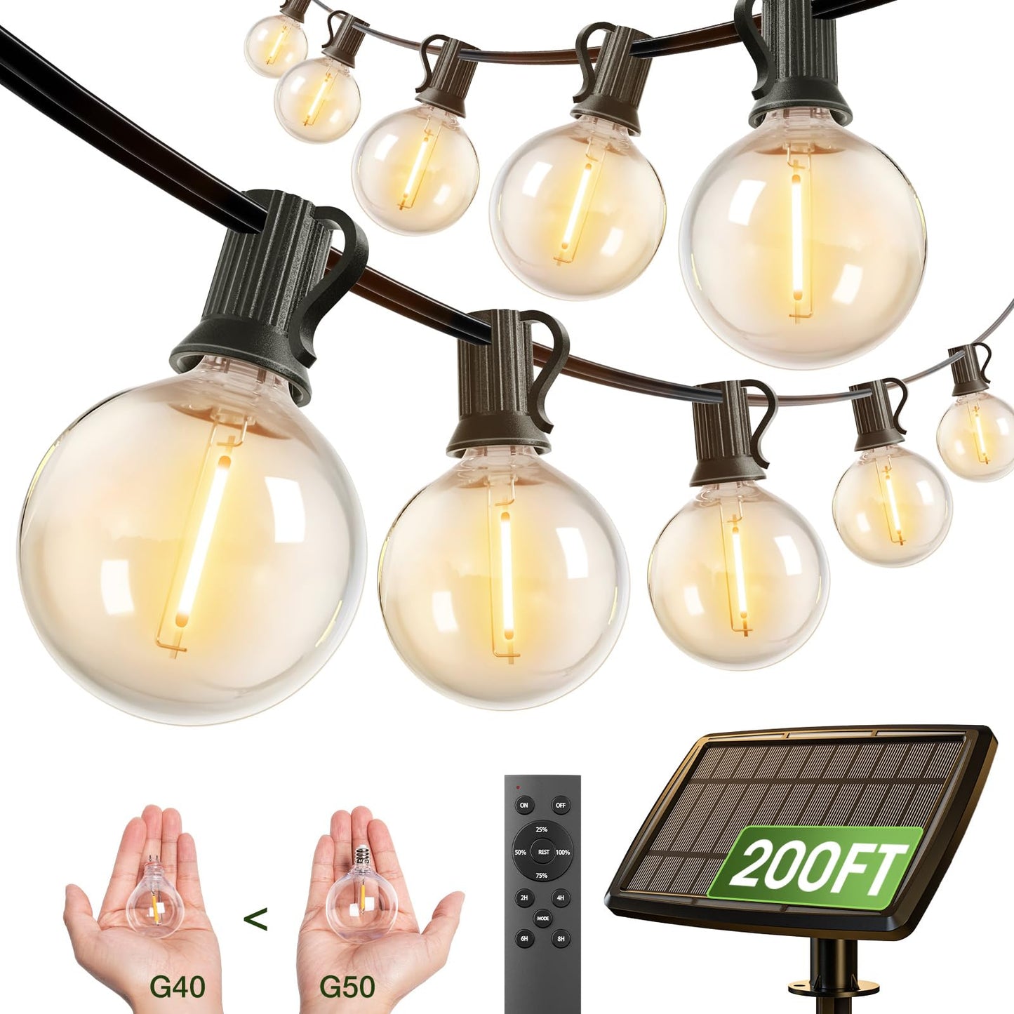 addlon 200FT Solar String Lights for Outside G50 Waterproof with USB Port Solar Patio Lights Outdoor Solar Powered LED Bulbs 3 Light Modes for Backyard Porch Garden Market Bistro Camping