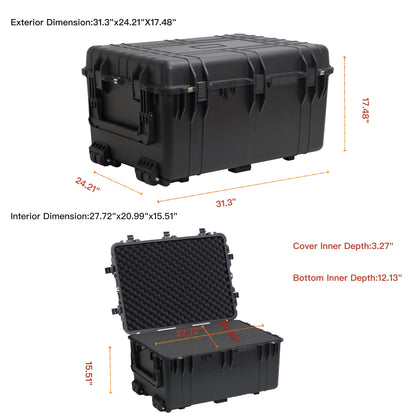 MEIJIA Portable Waterproof Protective Case,Hard Camera Case With Retractable Pull Handle And Rolling Wheels,Customizable Fit Foam Inserted,Elegant Black, 31.3" X24.21" X17.48"