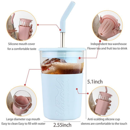 wangsdjy 15oz Glass Tumbler With Straw and Lid - Iced Coffee Cup, Smoothie Cup with Silicone Sleeve and Tea Strainer, Glass Tumbler for Smoothies, Flower tea, Coffee, Juices (Blue)