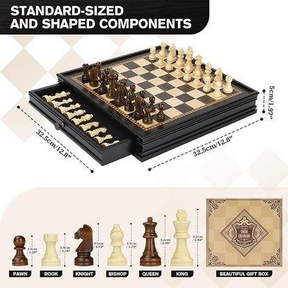 Peradix Magnetic Chess Checkers Board Sets with 2 Built-in Storage Drawers12.8 Classic 2 in 1 Wooden Games with 2 Extra Queens for Kids and AdultsTravel Portable Chess Game Set