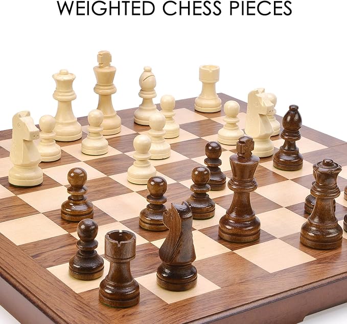 AMEROUS Wooden Chess &amp Checkers Set with Upgraded Weighted Chess Pieces 15 Inches (2 in 1) Chess Board Games for Kids Adults w/ 2 Extra Queens / 24 Cherkers Pieces/Gift Package