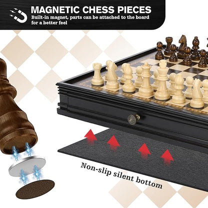 Peradix Magnetic Chess Checkers Board Sets with 2 Built-in Storage Drawers12.8 Classic 2 in 1 Wooden Games with 2 Extra Queens for Kids and AdultsTravel Portable Chess Game Set