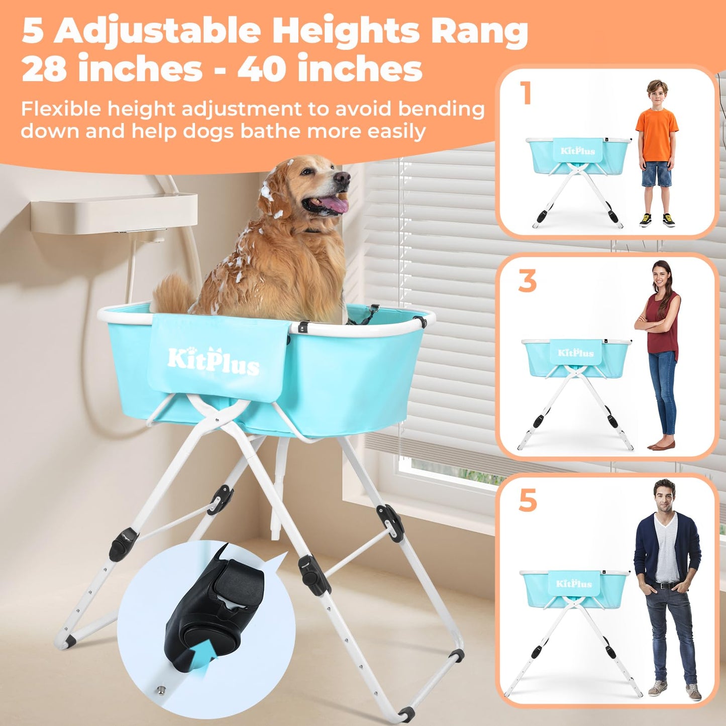 KITPLUS Portable Dog Bathtub, 5 Height Adjustable Dog Washing Station for Pet Shower and Grooming Foldable Bathing Tub with Storage & Anti-Slip Design for Small Large Dogs