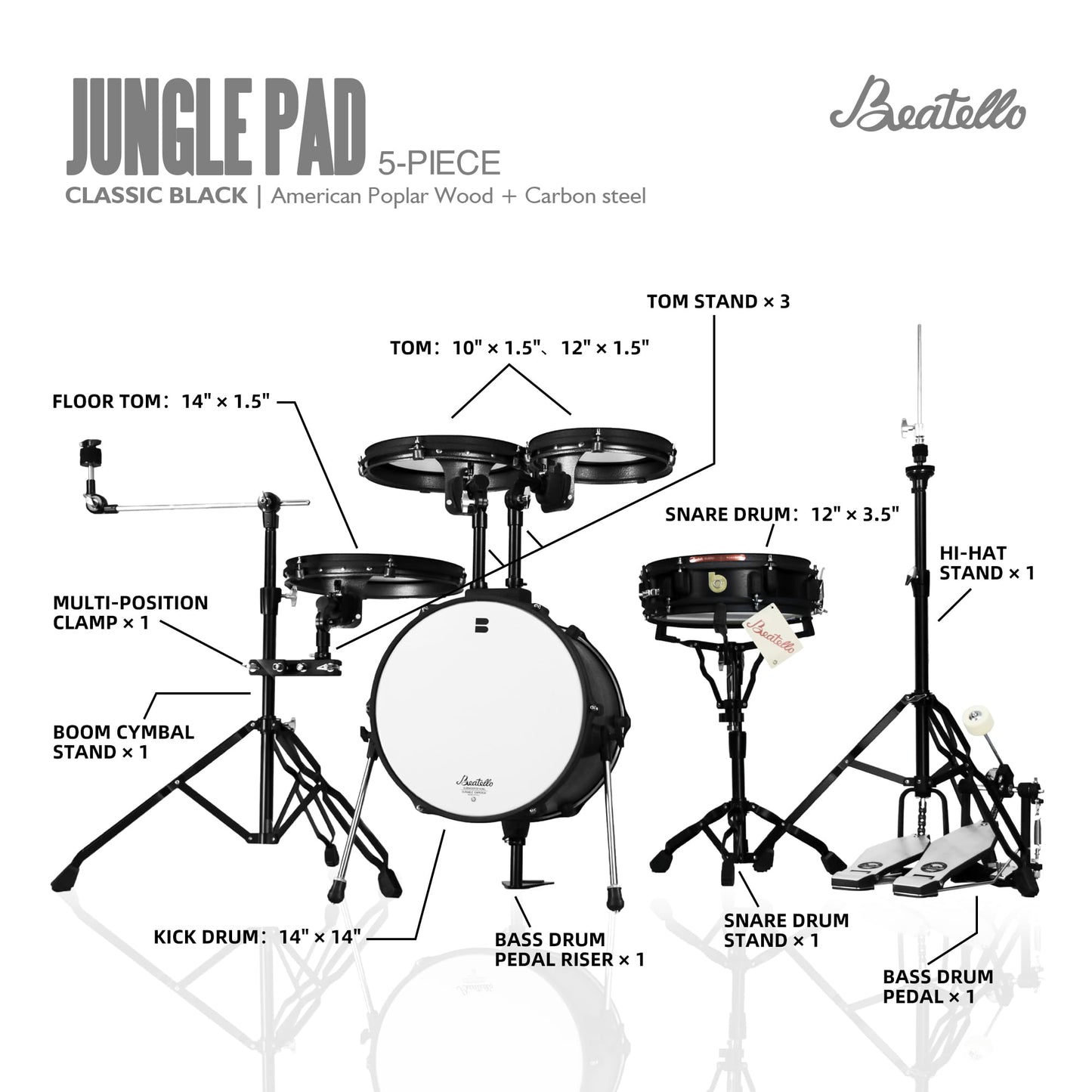 Beatello Jungle Pad Compact Portable Adult 5pc Drum Set, 1.5 inches ultra-thin steel drum Cavity,14 Inches Complete Full Size Kit with Bass, Toms, Snare, Floor,Stands, Hi-Hat Pedal,Drum Pedal,Black