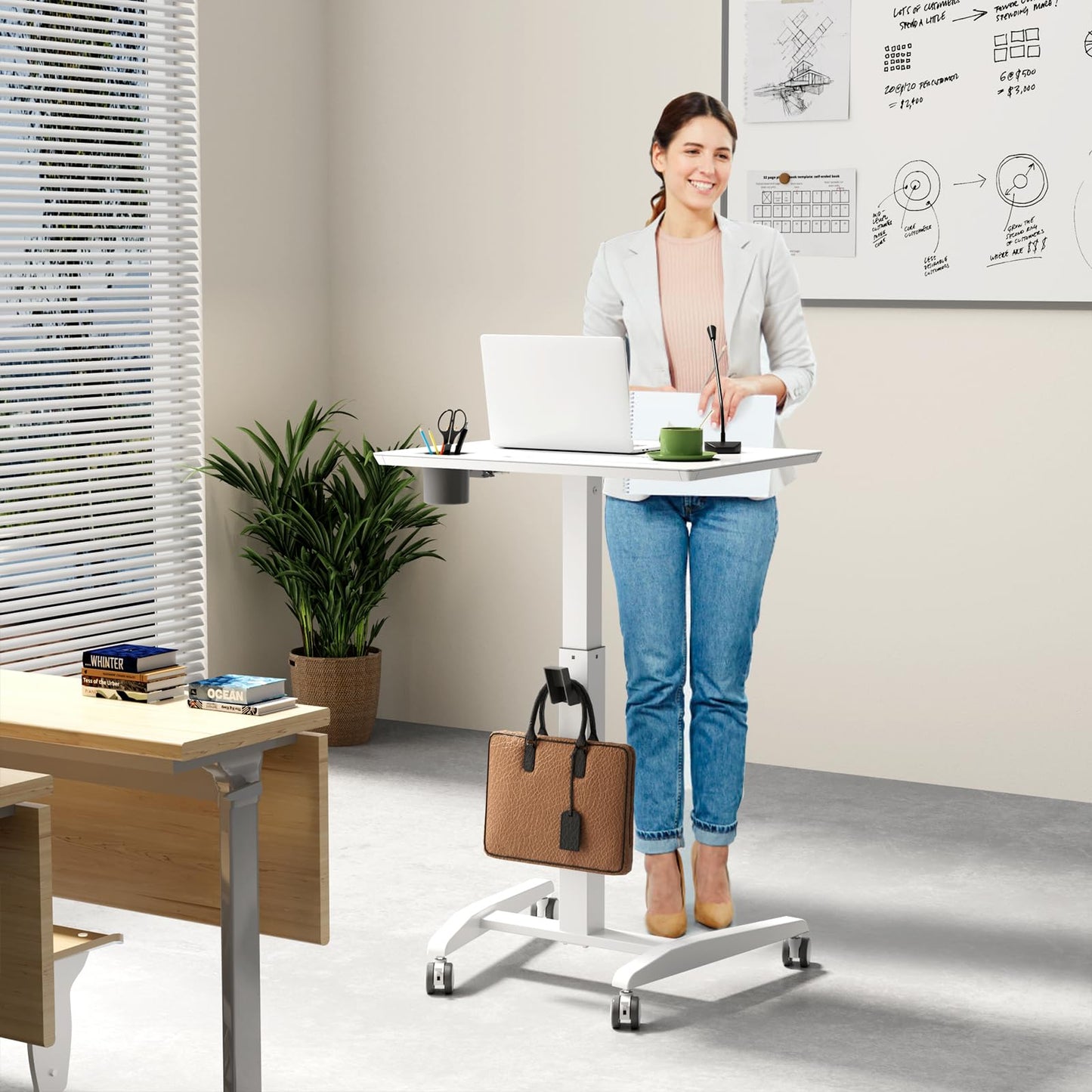Gibbon Mounts Glass Mobile Standing Desk, Height Adjustable Rolling Laptop Table, 27 inches Portable Sit Stand Desk with Wheels and Hook, Pneumatic Computer Workstation, White