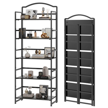 JSB 5 Tier No Assembly Folding Bookshelf, Arched Bookshelf, Foldable Bookcase for Living Room, Bedroom, Office,Skinny Bookshelf (Black)