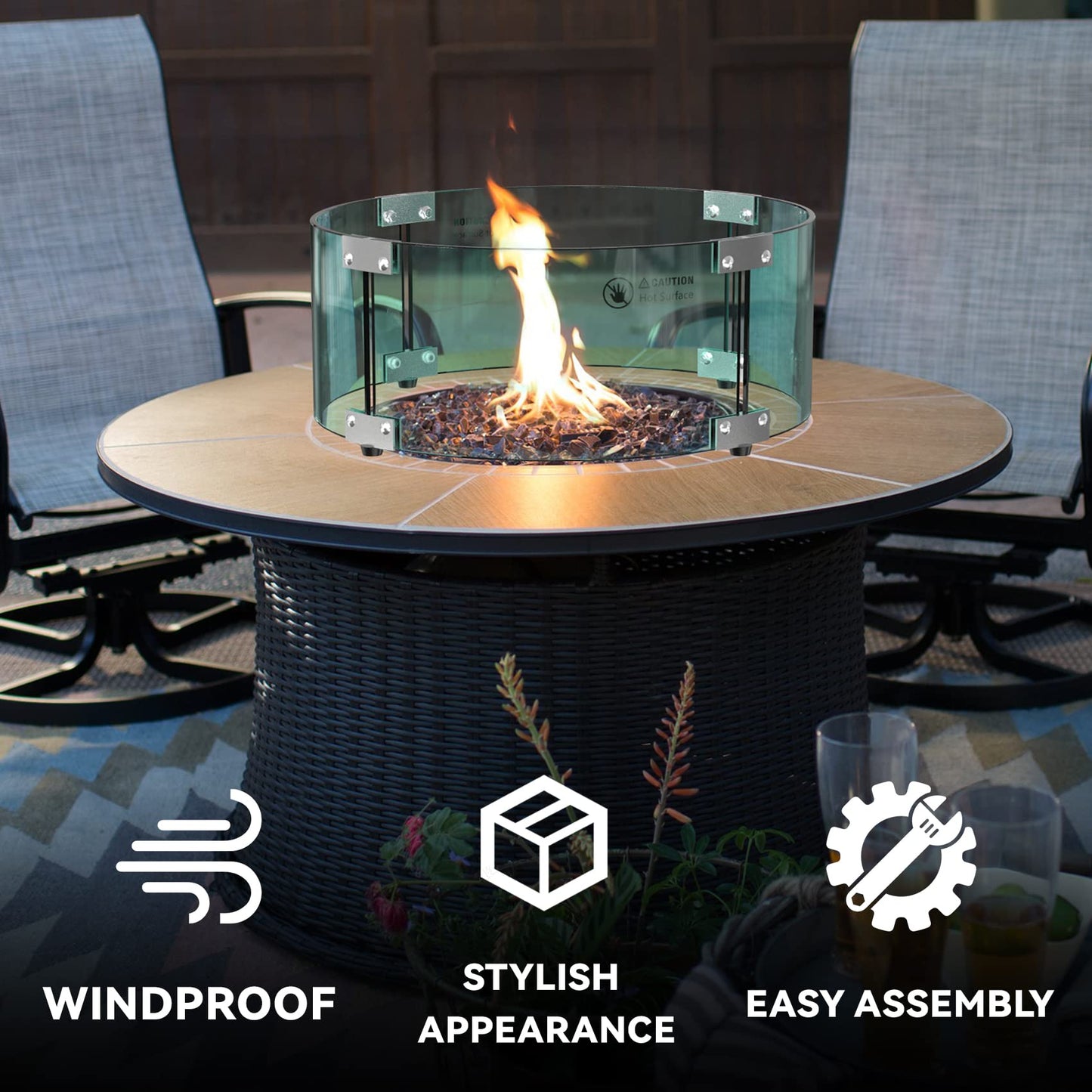Skyflame 17" Round Fire Pit Glass Wind Guard, Clear Tempered Glass Flame Shield for Outdoor Propane/Natural Gas Fire Pit/Table