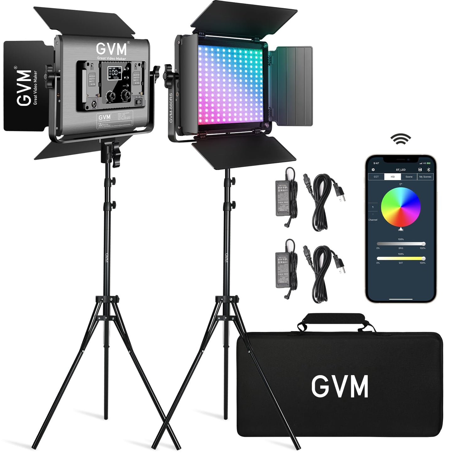 GVM RGB LED Video Light with Bluetooth Control, 60W Photography Studio Lighting Kit with Stands, 2-Packs 880RS Dimmable Led Panel Light for YouTube, Streaming, Gaming, 8 Applicable Scenes, CRI97