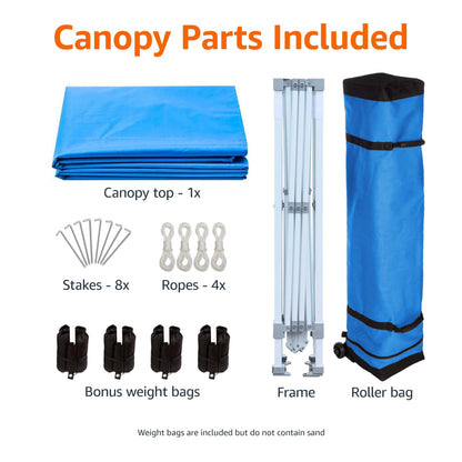 Amazon Basics Outdoor Pop Up 10 x 10 Canopy Tent for Events, Portable with Easy Setup, Sun Shelter for Outdoor Activities, Includes Wheeled Carry Bag, 8 Pegs, 4 Ropes, 4 Weighted Bags, Blue