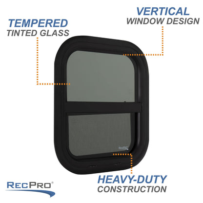 RecPro RV Window Replacement, Teardrop Style, Vertical Sliding, 14inW x 16inH, Black, Model RP-WIN, Made in USA