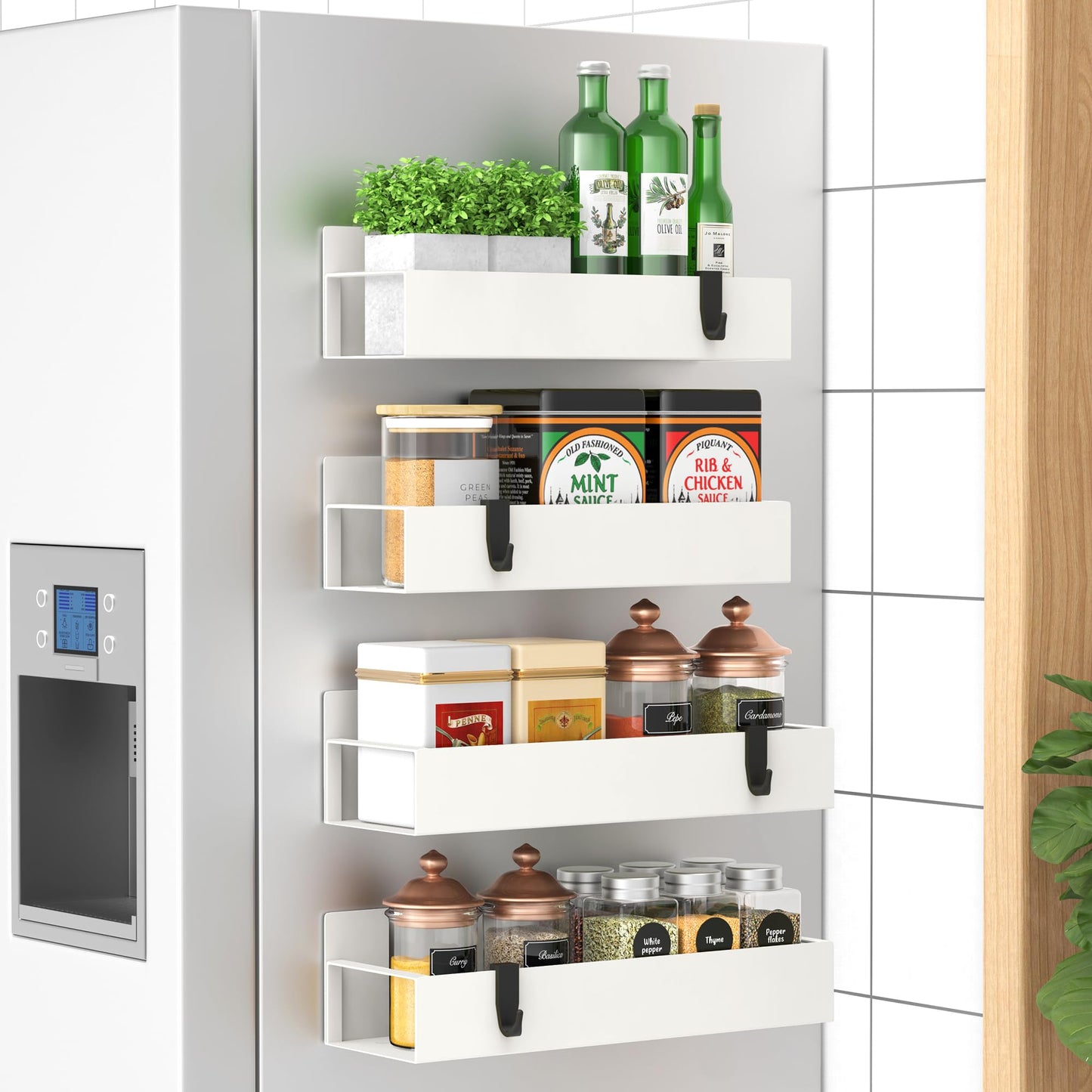 Metal 4 Pack Magnetic Spice Storage Rack Organizer for Refrigerator and Oven, Black Fridge Organizers and Storage