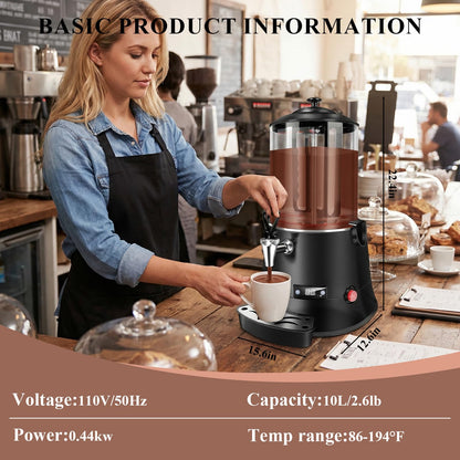 10L Commercial Hot Chocolate Machine & Beverage Dispenser - 110V Electric Warmer for Coffee, Hot Chocolate & Milk Tea, Professional Grade for Cafes & Restaurants