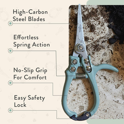 Modern Sprout Pruning Shears - Lightweight Herb Snipping Scissors with Easy Lock & Carbon Steel Blade (Green)