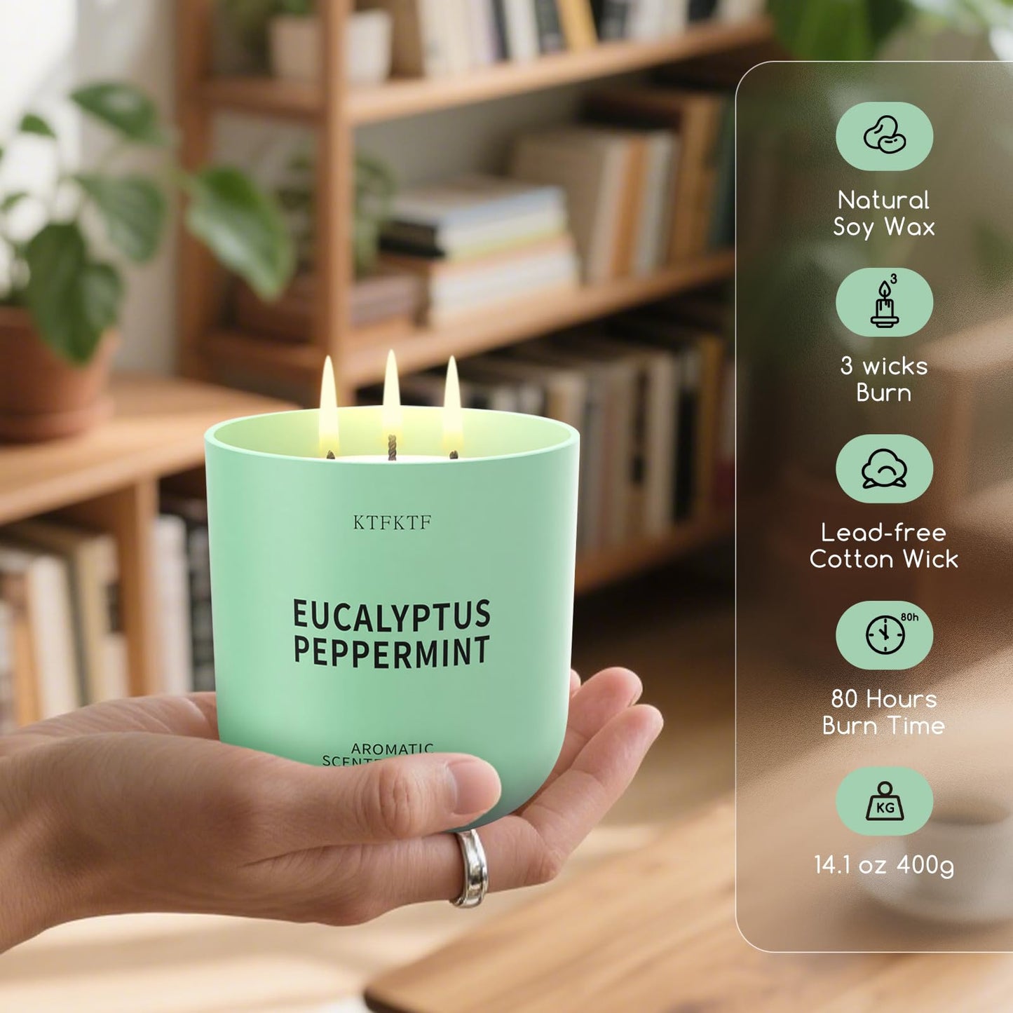 KTFKTF Eucalyptus Peppermint Scented Candle for Home, 14.1oz 80 Hours Long Lasting Aromatherapy Candles for Stress Relief & Energy, Non-Toxic Essential Oil & Soy Wax | Cooling Mint & Woody Aroma