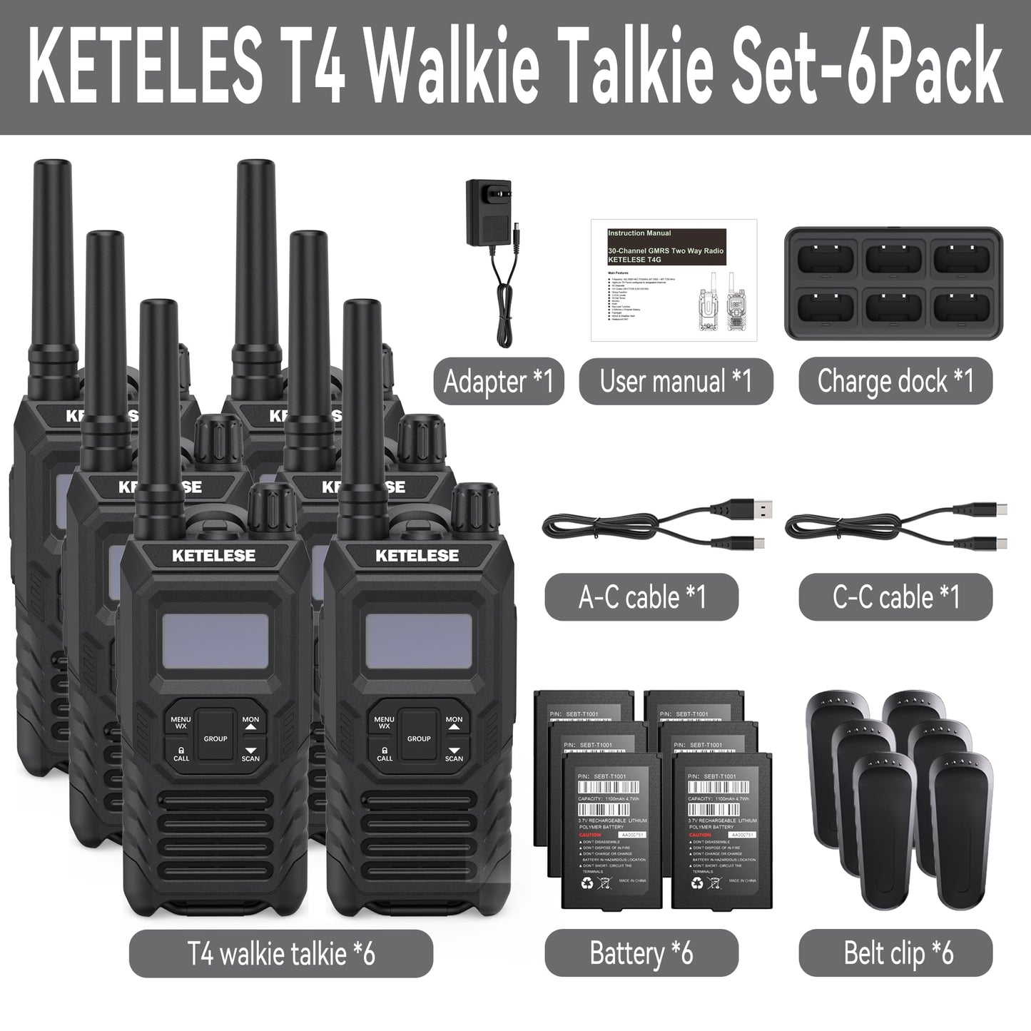 Ketelese T4 Rechargeable Walkie Talkies Long Range, IP67 Waterproof Two Way Radio, 30 Channels Walkie Talkie with Earpiece, TypeC Dock&Cables, NOAA, VOX, Group Call, PTT, 6pack, Balck