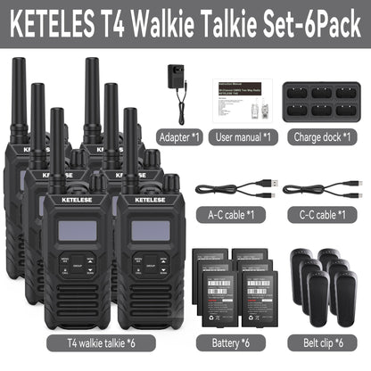 Ketelese T4 Rechargeable Walkie Talkies Long Range, IP67 Waterproof Two Way Radio, 30 Channels Walkie Talkie with Earpiece, TypeC Dock&Cables, NOAA, VOX, Group Call, PTT, 6pack, Balck