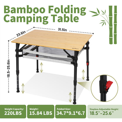 Join Nature 31.5'' Bamboo Folding Camping Table, Adjustable Height Folding Outdoor Table with Aluminum Frame & Mesh Storage, Portable Camp Table with Carry Bag for Camping, RV, Tailgating & Backyard