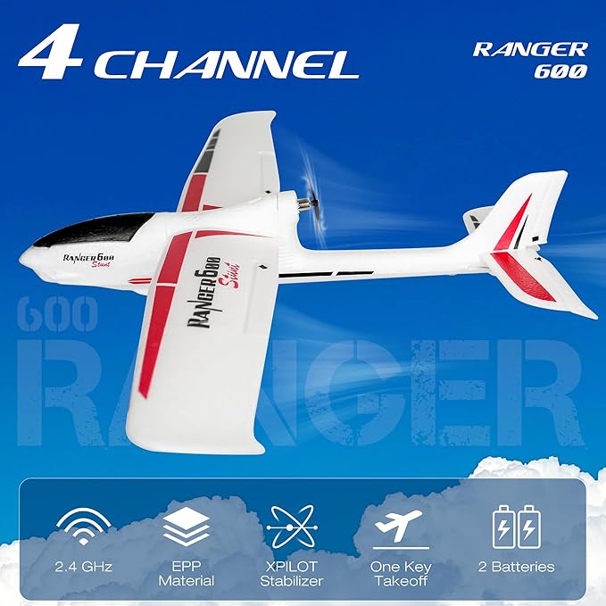 28℃ RC Plane Ranger600 4 Channel Glider Remote Control Airplane 2.4Ghz Ready to Fly RC Airplane Xpilot Stabilization System &amp One Key Aerobatic for AdultsKidsBeginners