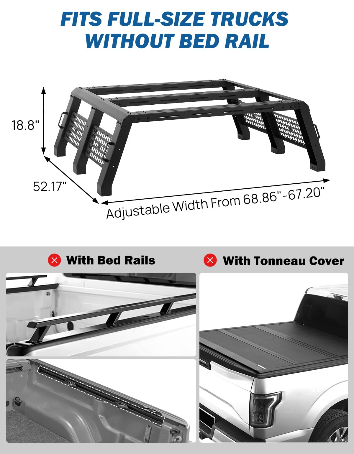 JOYTUTUS Full Size Truck Bed Rack, Overland Bed Racks for Trucks Compatible with F150 F250 F350 Silverado Sierra Ram, 18.8 Inch High Truck Bed Rack for Roof Top Tent, with Wider Molle Panel