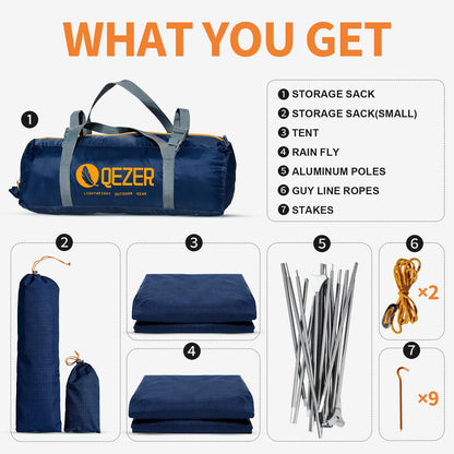 QEZER Camping Tent 1/2 Person Tents Windproof Portable Adults Tents for Camping Hiking Backpacking Traveling Easy Set up (Blue, 2 Person)