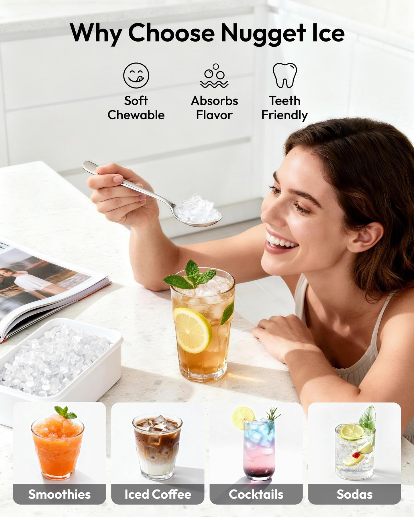EUHOMY Nugget Ice Maker Countertop with Handle, Ready in 6 Mins, 38lbs/Day, Removable Top Cover, Self-Cleaning, Portable Chewable Ice Maker with Basket, Scoop, for Home/RV/Party/Camping (Black)