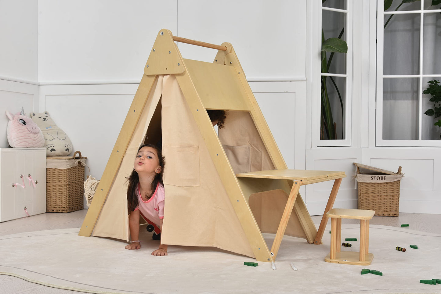 Avenlur Oak Foldable Triangle Climber 5 in 1 Kids Playhouse Hideaway Montessori Learning Play Tent, Desk, Chair Stool, Art Easel, Chalkboard, Teepee Climbing, Crawling Tunnel Toy Toddler Playset