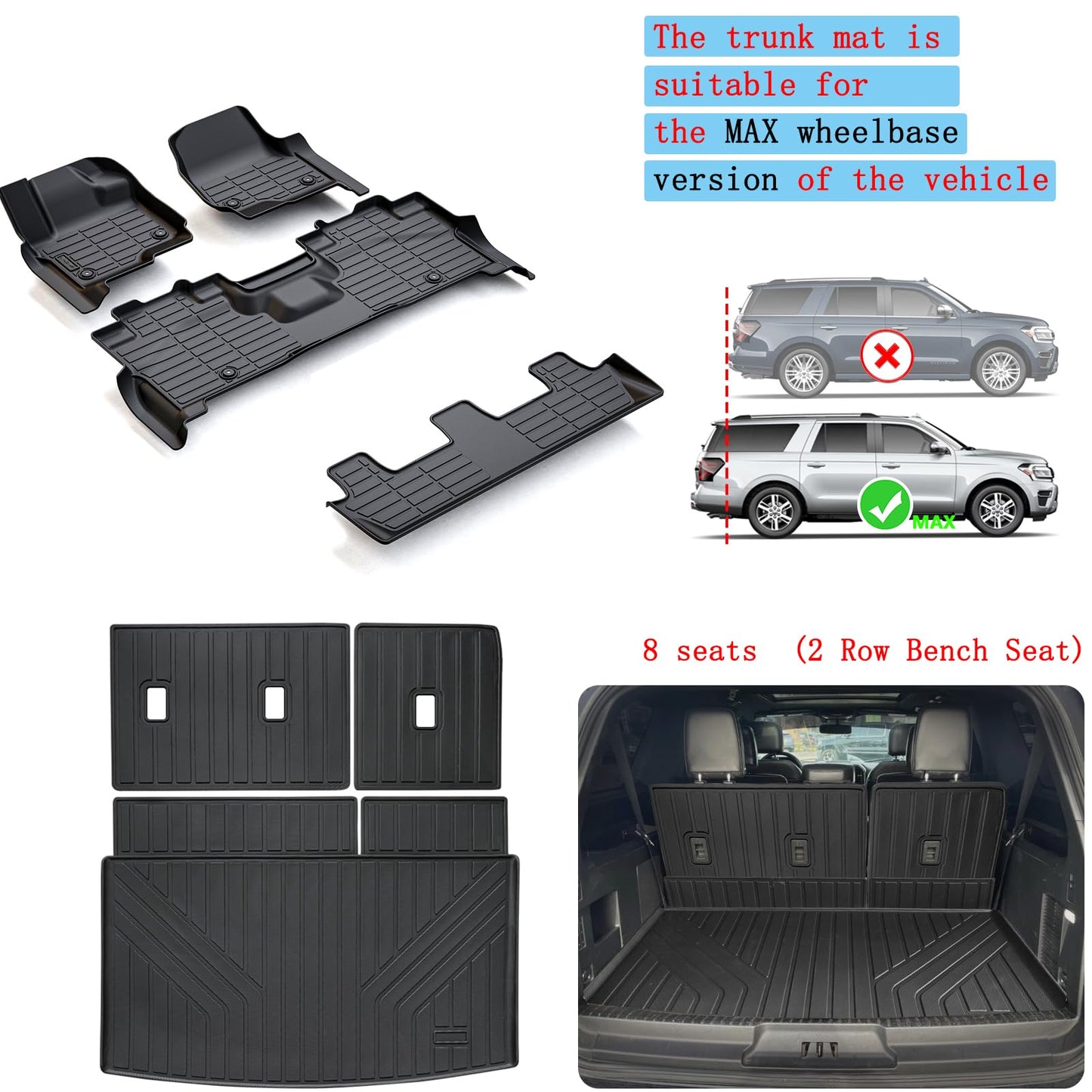 LJWAITO for 2018-2024 Ford Expedition MAX 8 Seats (2nd Row Bench Seat) Floor Mats with Cargo Liners & Backrest Mat,TPE All Weather Protection Full Set Automotive Accessories