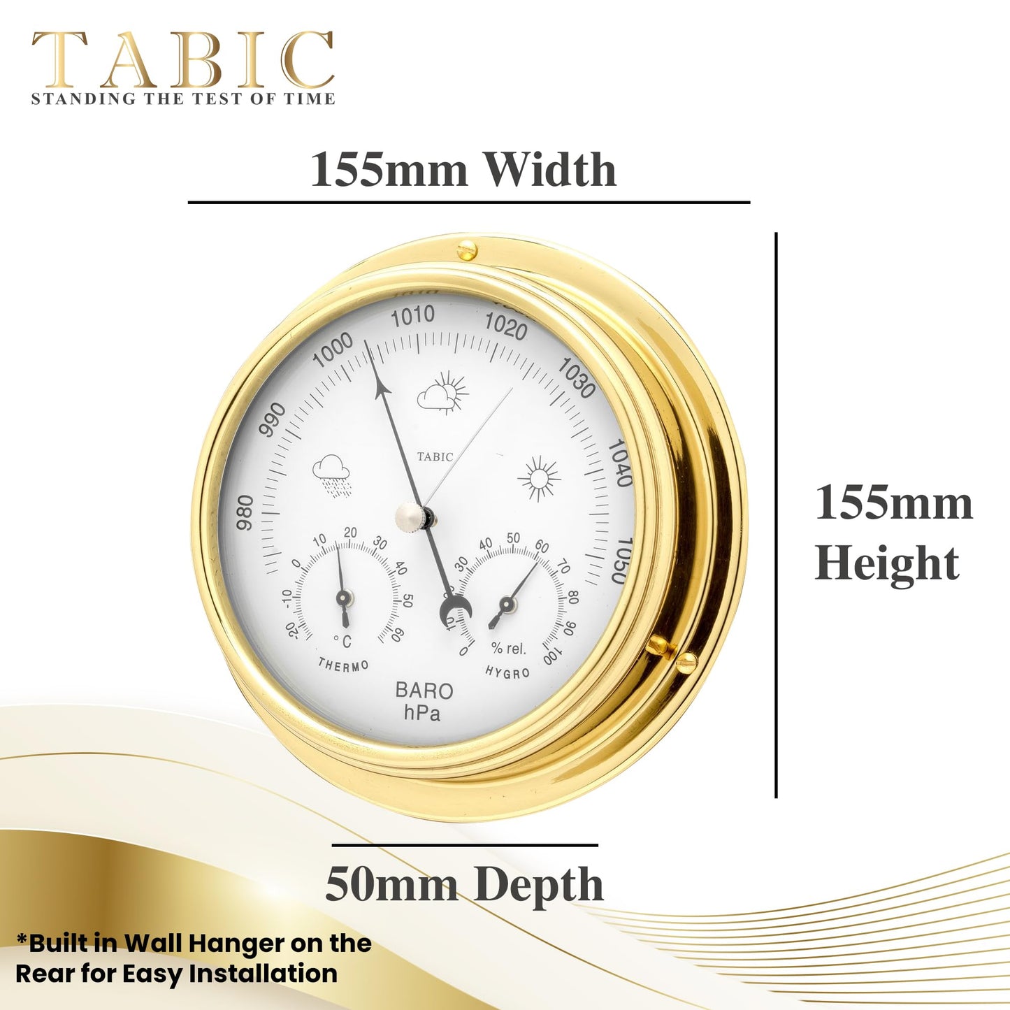 Tabic Handcrafted Brass Barometer with Built-in Hygrometer, Thermometer and Nautical Clock - Sailing Ship Yacht, Marine Coastal Decor - Lacquered Brass (1/2 kg) - Temperature and Humidity Reading