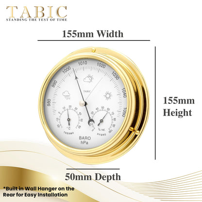 Tabic Handcrafted Brass Barometer with Built-in Hygrometer, Thermometer and Nautical Clock - Sailing Ship Yacht, Marine Coastal Decor - Lacquered Brass (1/2 kg) - Temperature and Humidity Reading