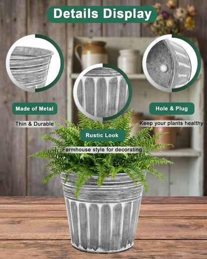 vensovo 5 Inch Galvanized Bucket Planter - 6 Pack Metal Flower Pots with Drainage Holes & Plugs, Rustic Silver Tin Pots for Indoor Herbs, Outdoor Succulents, Farmhouse Home Garden Decor