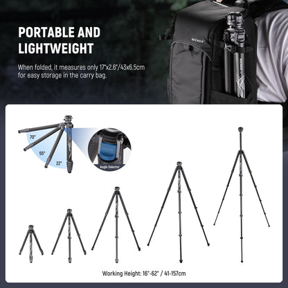 NEEWER LITETRIP LT32 Camera Travel Tripod, Carbon Fiber Portable Stand, Ball Head Detachable Center Axis Flip Buckle Cleaning Cloth Arca QR Plate Compatible with PD (Former TP62)