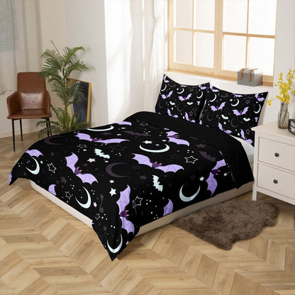 Halloween Bat Duvet Cover Set King Size Cute Moon Starry Night Sky Bedding Set 3Pcs Purple Black White Comforter Cover for Kids Girls Boys Room Decor Kawaii Cartoon Animal Quilt Cover,2 Pillowcases
