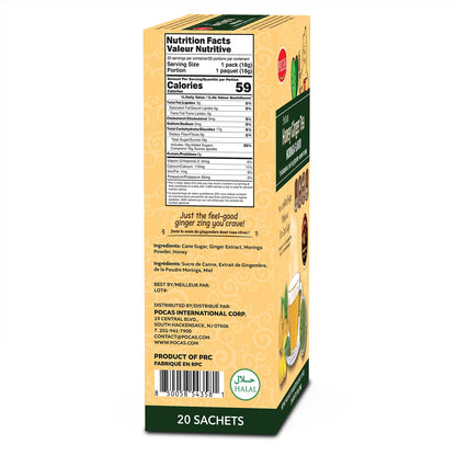 Pocas Honey Ginger Tea, Moringa Flavor, 2-Pack – Instant Tea Powder Packets with Real Ginger, Honey, and Pure Cane Sugar, Caffeine Free, 20 Count Ea