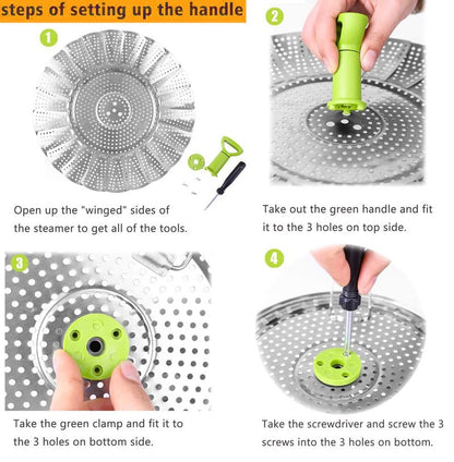 Vegetable Steamer Basket, Stainless Steel Folding Steamer Basket Insert for Veggie Fish Seafood Cooking, Expandable to Fit Various Size Pot (7.1" to 11" Triangle)
