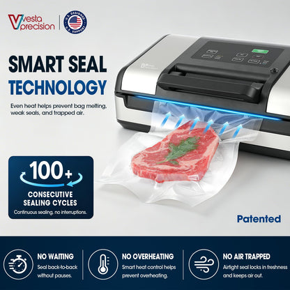 Vesta Precision 12" Vacuum Sealer Machine for Liquid & Moist Foods, Smart Heat Sealing Prevents Bag Melting, Built-in Cutter & Roll Storage Fits 2X20’ or 1X50' Rolls, Mason Jar Kit, Sous Vide, V23