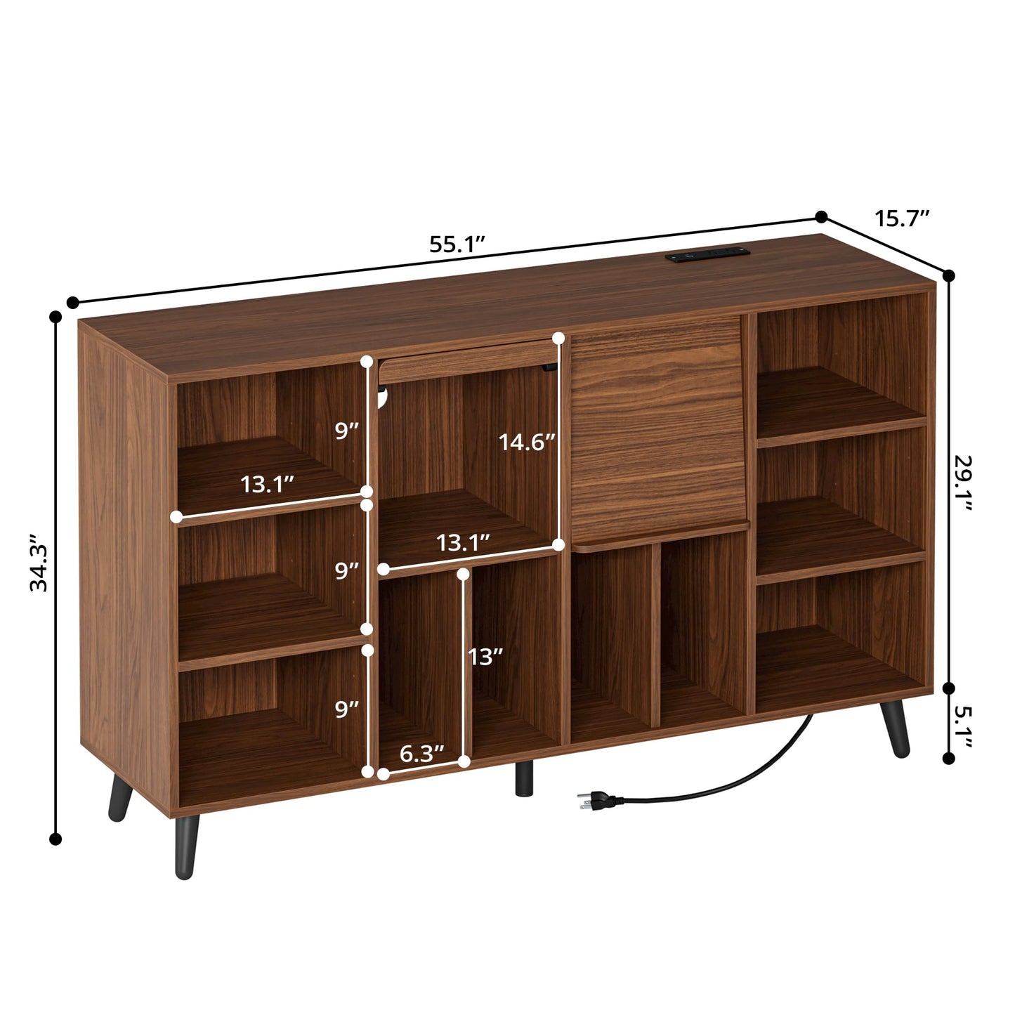 IRONCK Large Record Player Stand 55", Holds 600+ Vinyl Record Storage Cabinet with Charging Station, Mid Century Modern Turntable Stand for Living Room, Bedroom, Brown
