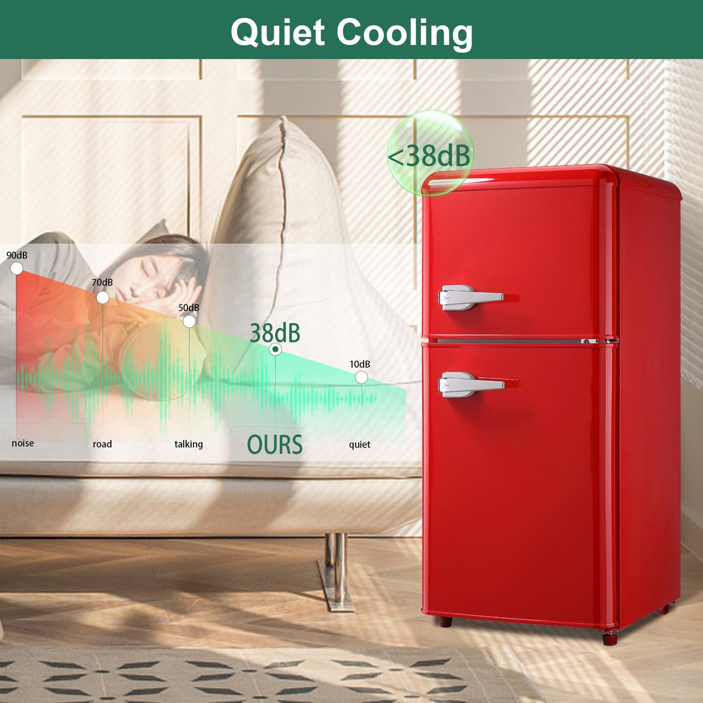 rosmena Retro Fridge with Freezer, 3.5 Cu. Ft. Mini Fridge, Small Refrigerator with 7-Level Adjustable Thermostat, Retro Compact Refrigerator 2-Door Fridges for Apartment/Dorm/Office/RV, Red