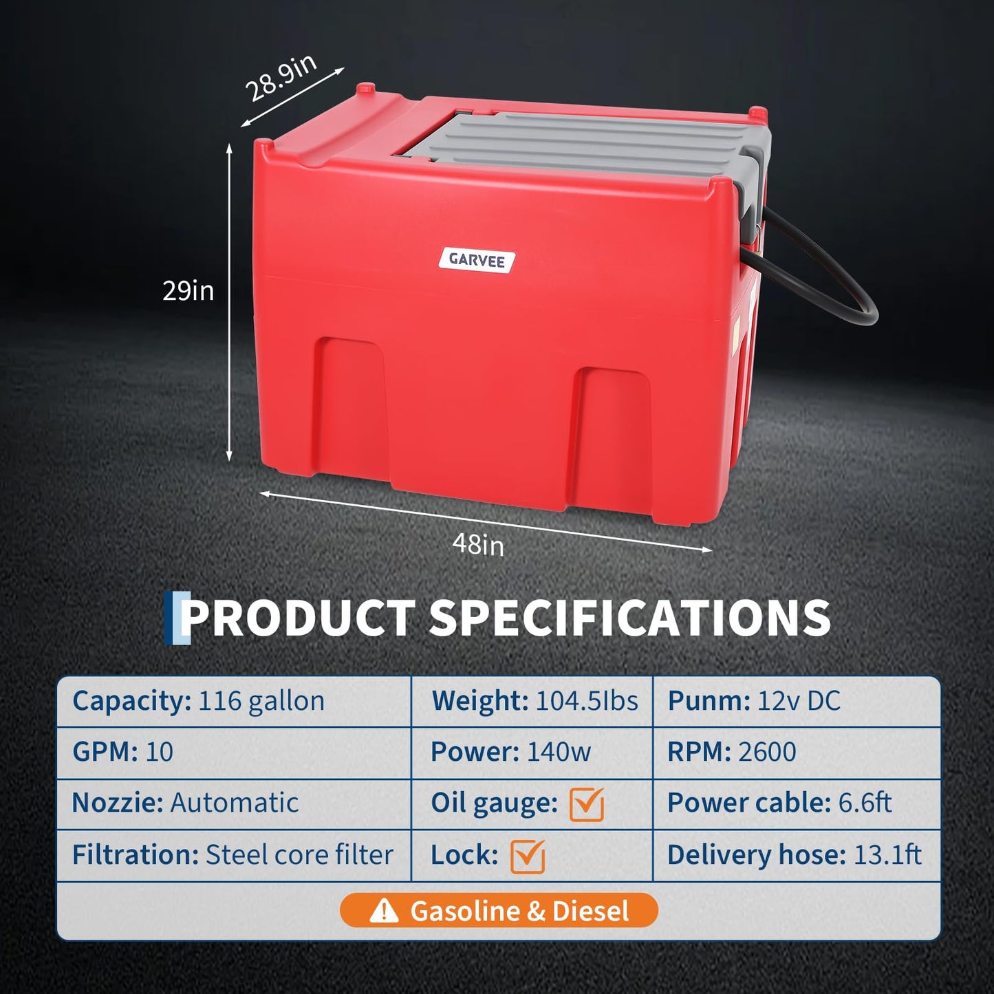 Garvee 116 Gallon Portable Fuel Transfer Tank with 12V Electric Pump, 10 GPM Fast Flow, 13ft Hose & Auto Shut-Off Nozzle, Heavy Duty Poly Fuel Storage Container for Farm, Truck, Equipment, Red