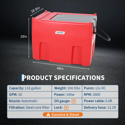 116 Gallon Portable Fuel Tank with 12V Electric Pump, 10 GPM Diesel & Gasoline Transfer Tank with 13.1 ft Hose & Auto Shut-Off Nozzle, Heavy-Duty Fuel Storage for Truck, Farm, Generator & Equipment