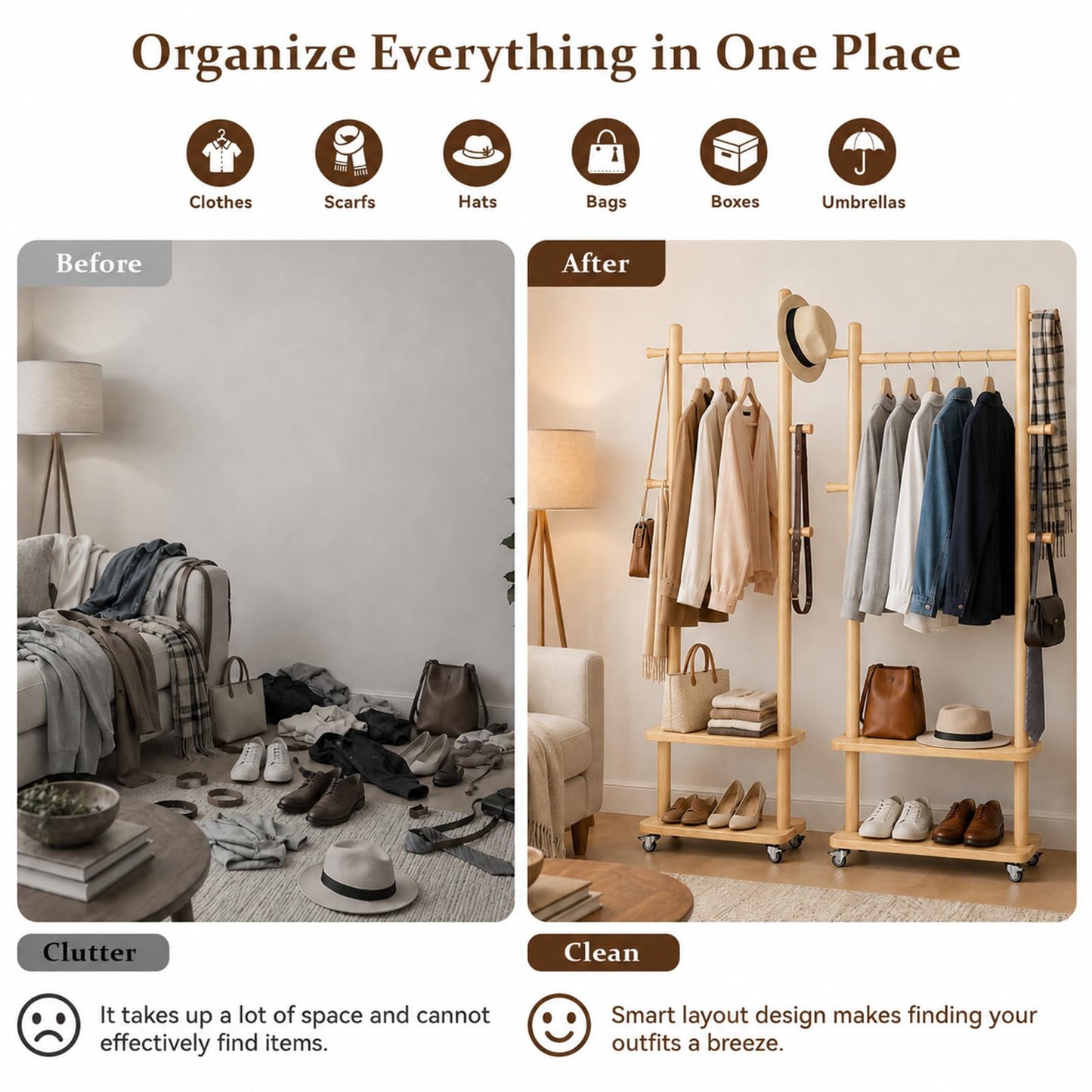 Solid Wood Coat Rack Freestanding Clothing Rack with Wheels & 2 Shelves Storage & 5 Hooks Heavy Duty Clothes Rack Wood Coat Tree Stand Hat Hanger Rack for Corner Bedroom Entryway Living Room Hotel