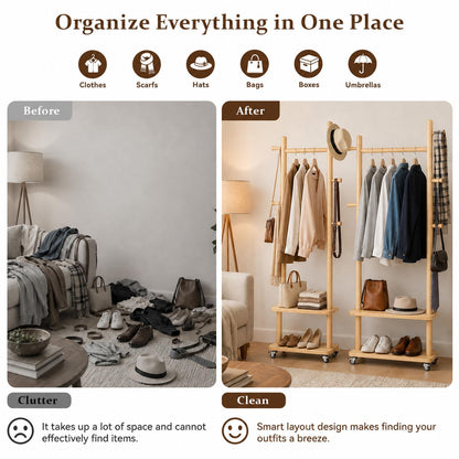 Solid Wood Coat Rack Freestanding Clothing Rack with Wheels & 2 Shelves Storage & 5 Hooks Heavy Duty Clothes Rack Wood Coat Tree Stand Hat Hanger Rack for Corner Bedroom Entryway Living Room Hotel