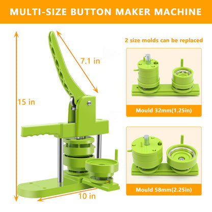 MK.Bear Button Maker Machine - Multiple Sizes 1.25in+2.25in, Kit for DIY Gifts, Button Press Machine with Free 200PCS 32-58mm Supplies & 2 Circle Cutter