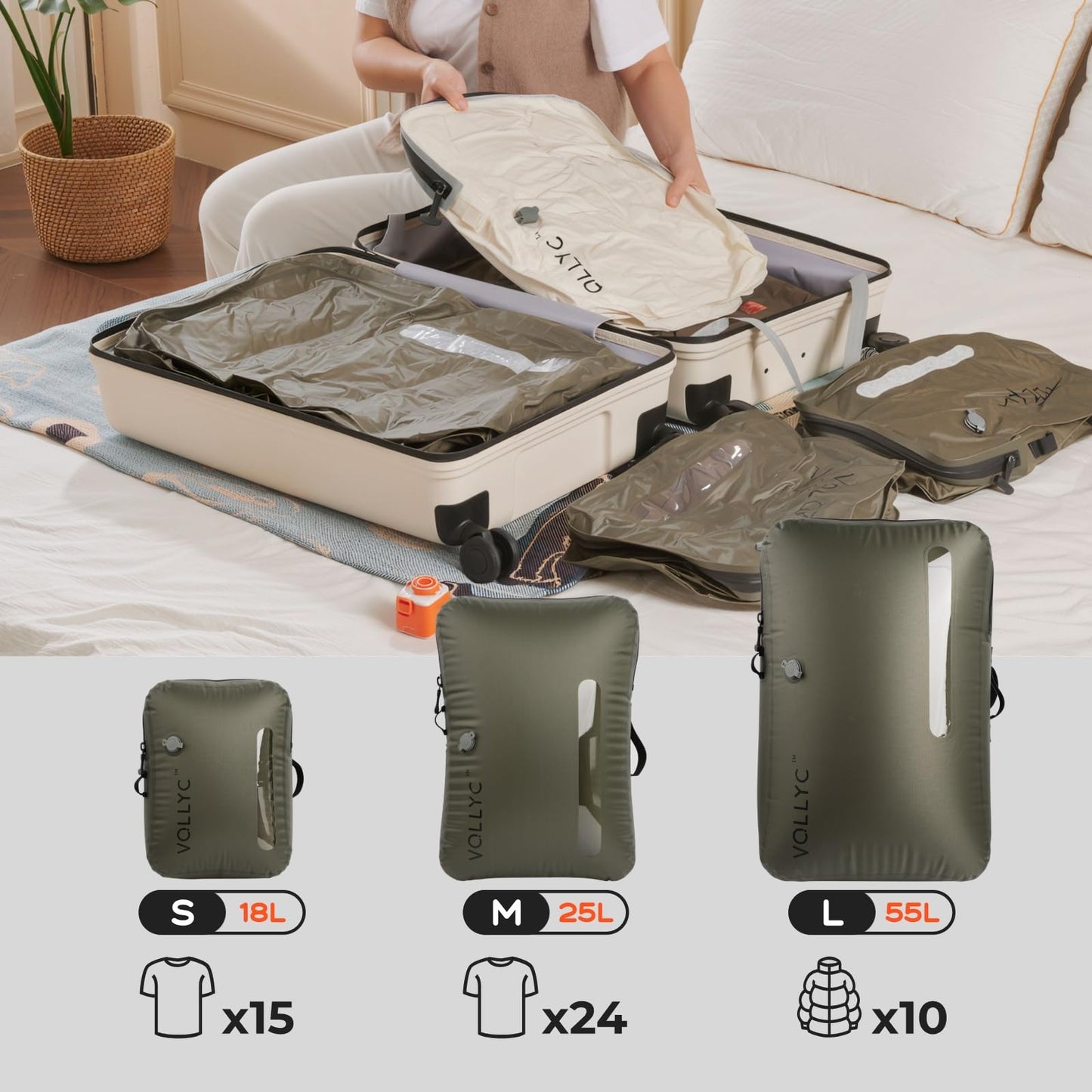 VOLLYC 4 IN 1 Vacuum Travel Bags with Wireless Pump, Compression Packing Bags for Luggage & Carry-On, Waterproof Anti-Tear Nylon, Stores 50+ Clothes, TSA-Ready Travel Essentials