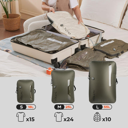 VOLLYC 4 IN 1 Vacuum Travel Bags with Wireless Pump, Compression Packing Bags for Luggage & Carry-On, Waterproof Anti-Tear Nylon, Stores 50+ Clothes, TSA-Ready Travel Essentials