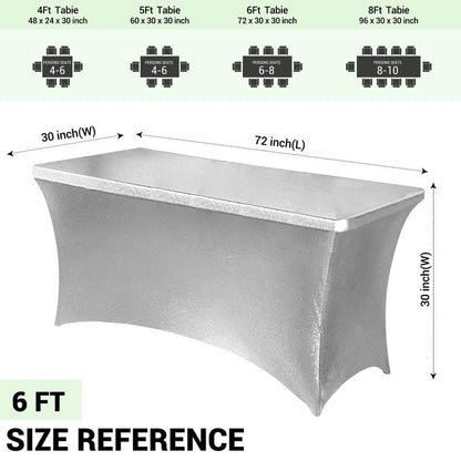 Obstal 6ft Stretch Spandex Table Cover for Standard Folding Tables - Universal Rectangular Fitted Tablecloth Protector for Wedding, Banquet, Party Stamping Silver, 72 Length x 30 Width x 30Height Inch