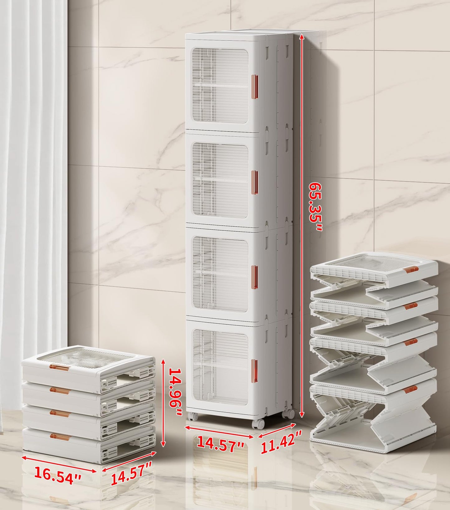 BUMODEL 4-Tier White Slim Storage Cabinet Bundle with 1-Tier White Slim Storage Cabinet with Doors and Adjustable Shelves