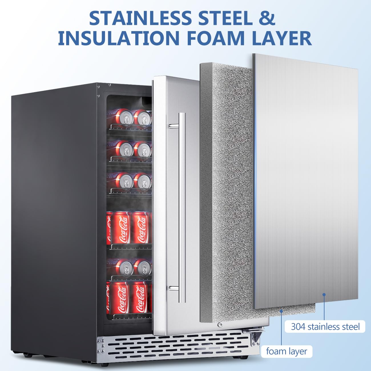 Phiestina Beverage Refrigerator 24Inch, 175 Cans Indoor/Outdoor Undercounter Beverage Cooler Refrigerator Stainless Steel Beer Fridge with Safety Lock Built-in/Freestanding-Silver Foam Door