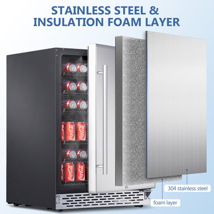 Phiestina Beverage Refrigerator 24Inch, 175 Cans Indoor/Outdoor Undercounter Beverage Cooler Refrigerator Stainless Steel Beer Fridge with Safety Lock Built-in/Freestanding-Silver Foam Door